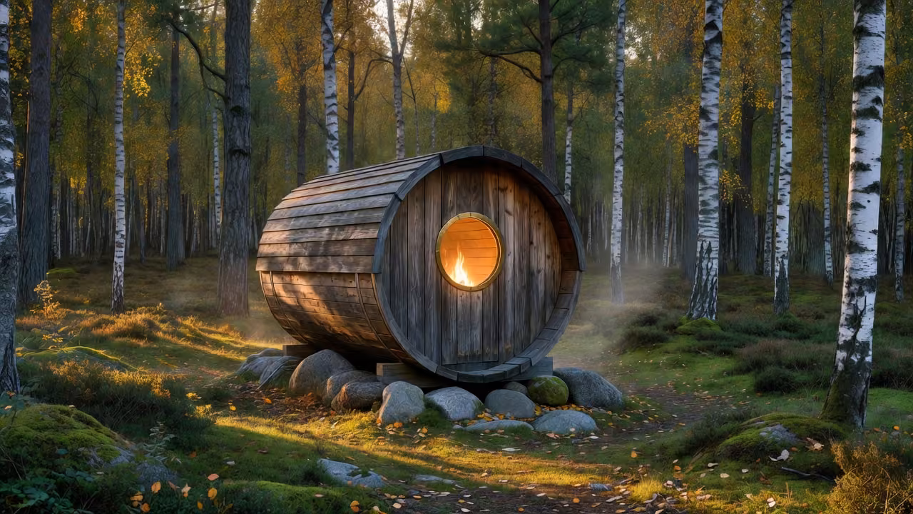 Outdoor barrel sauna in a Nordic forest