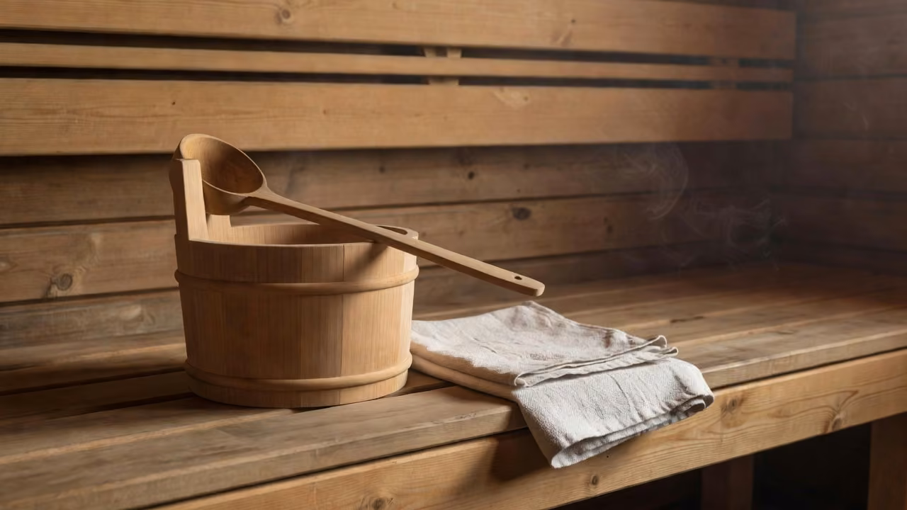 Traditional sauna bucket and ladle on a wooden bench