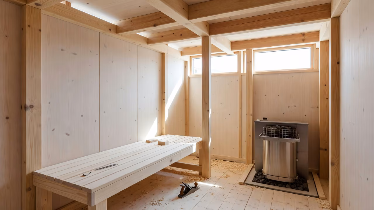 Sauna interior built with light spruce paneling