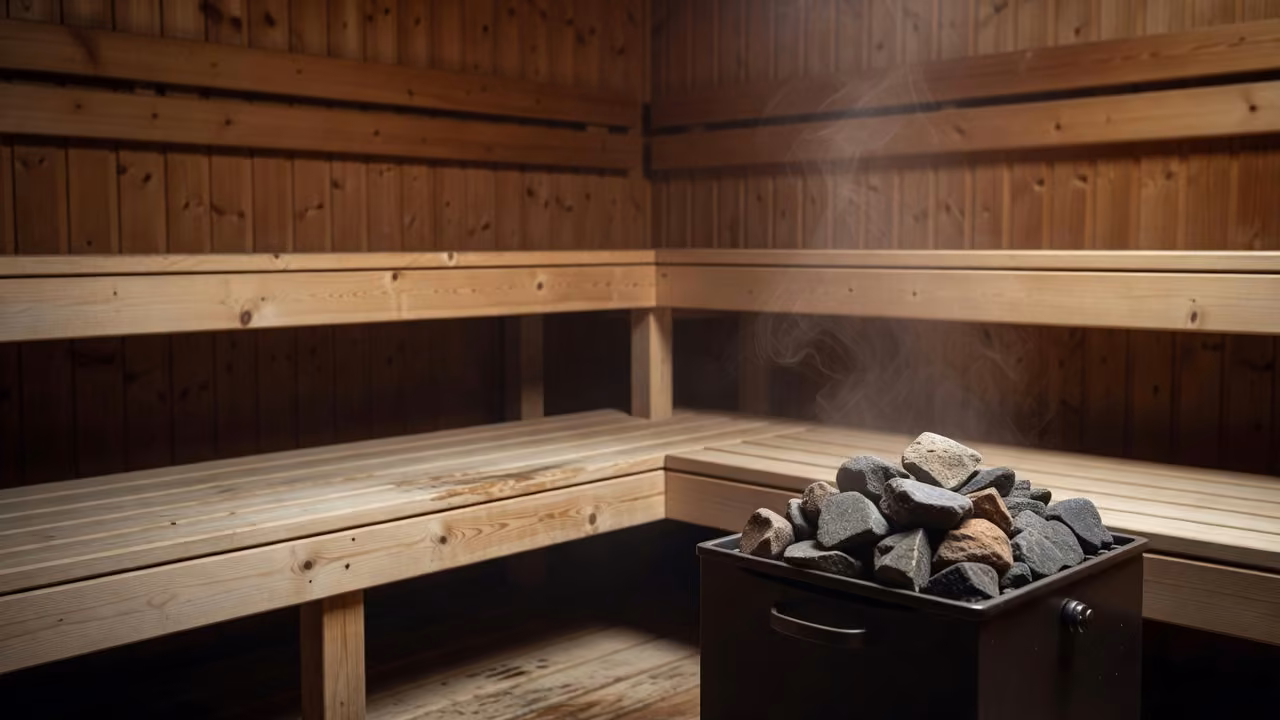 Warm wooden Finnish sauna interior with tiered benches